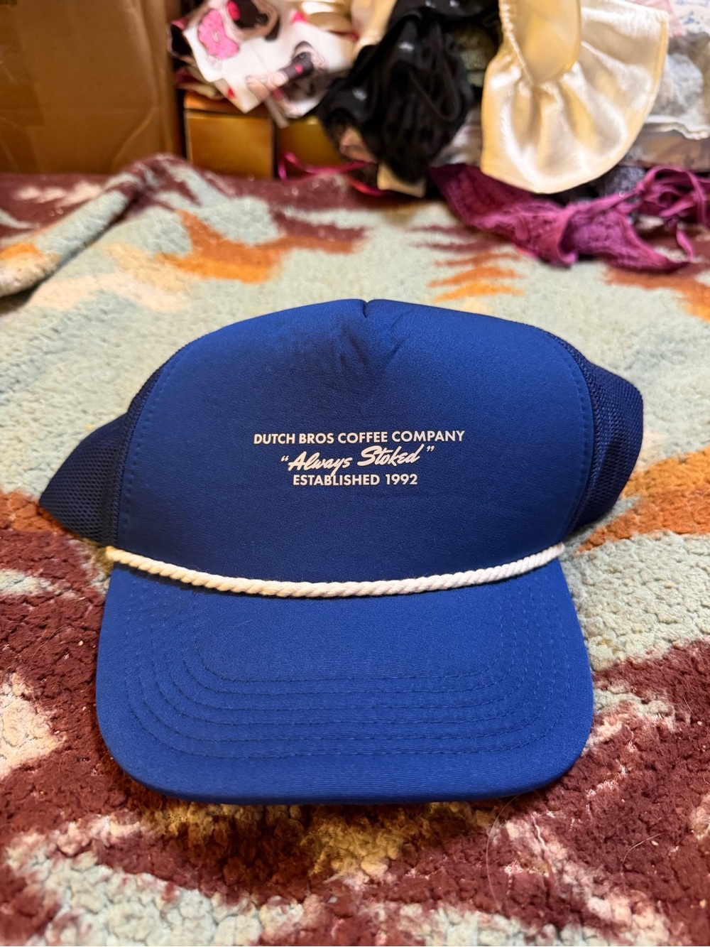 Dutch Bros Royal Blue Trucker Hat with White Rope
